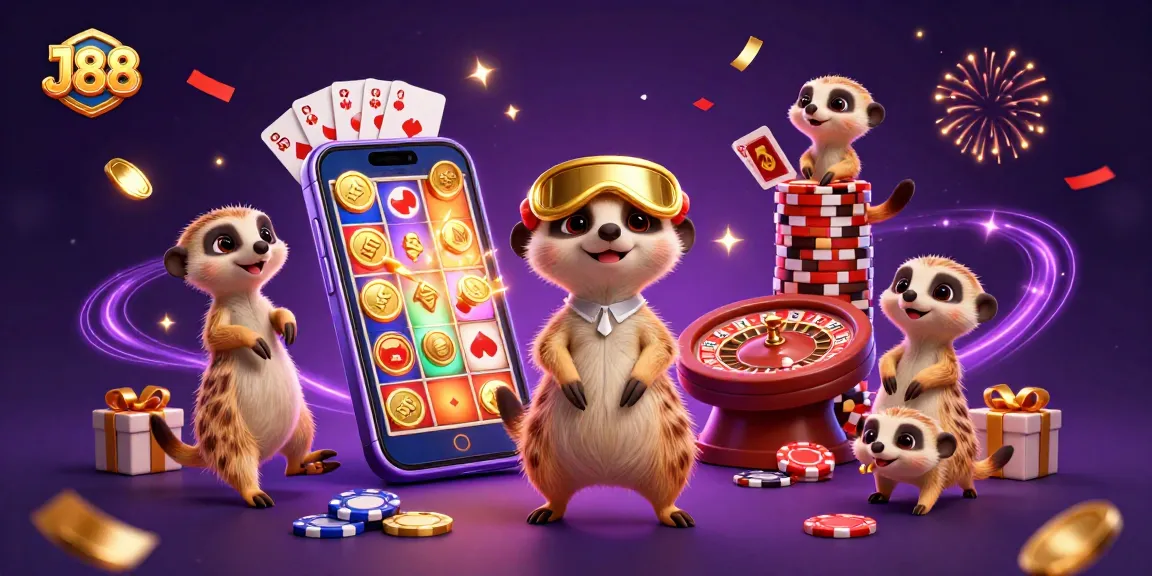 J88 casino scene showcasing meerkats engaging in various games amidst golden coins and dynamic visual effects.