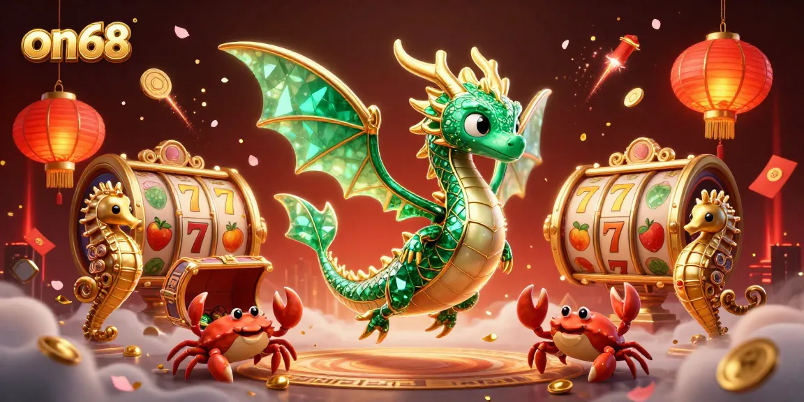 Experience the vibrant excitement of on68 with a magical sea dragon surrounded by slot reels and rich casino elements.