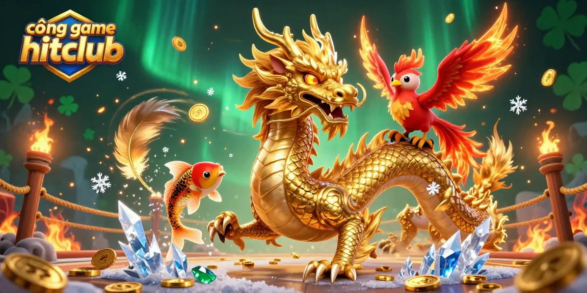 Engage with the dynamic cổng game hitclub featuring a golden dragon and phoenix amidst coins and betting action.