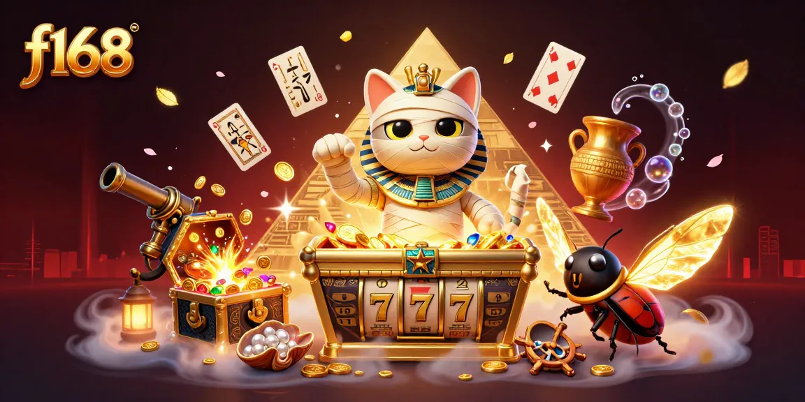 Engage with thrilling adventures at f168, as the lively mummy cat emerges amidst sparkling treasures and games.