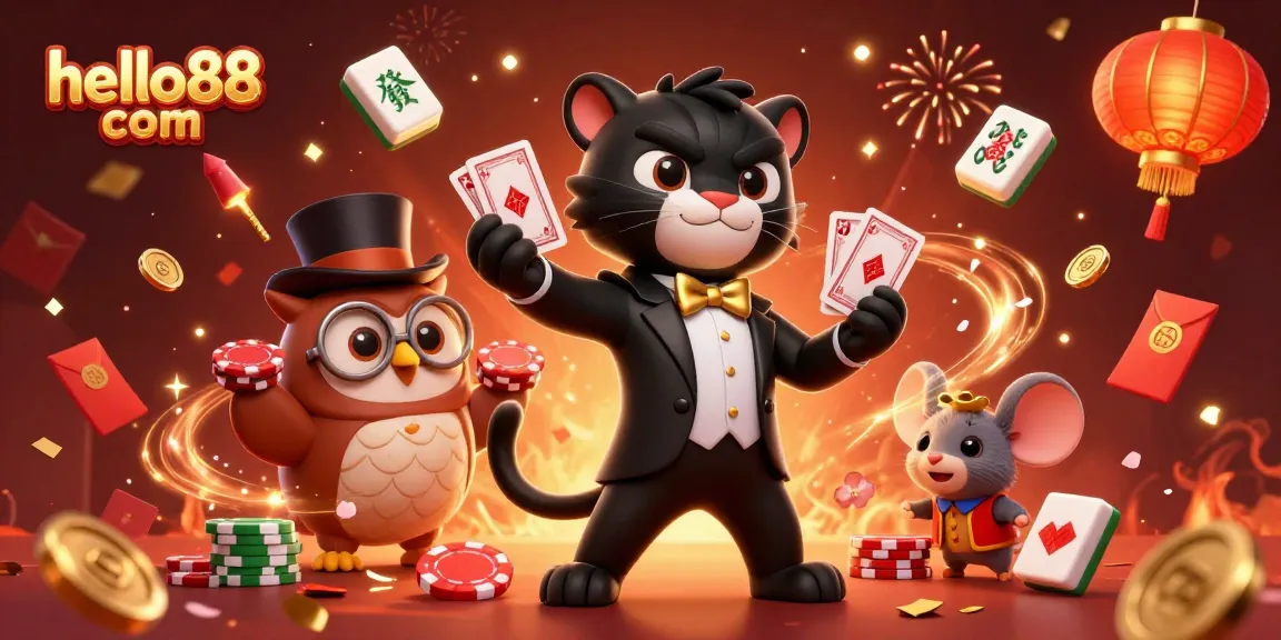 Experience excitement at hello88 com with a stylish cartoon black panther dealing cards, chips, and vibrant decorations.