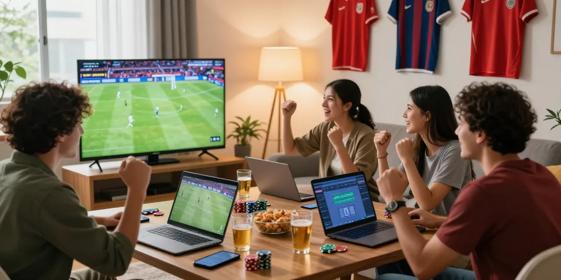 Teman merayakan gol dalam judi bola sambil menonton di ruang tamu modern.