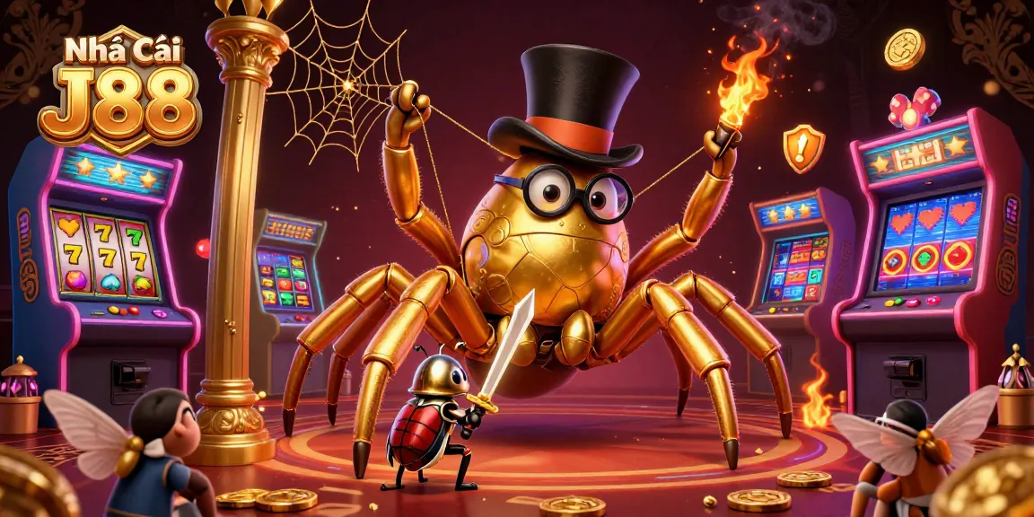 Engage with Nhà cái J88 in a vibrant casino world where a giant golden tarantula and brave beetle knight thrive.
