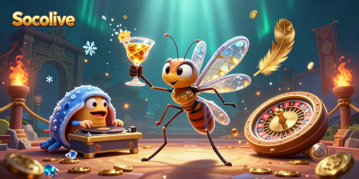 Socolive attracts players with dynamic casino mascot and surreal roulette elements.